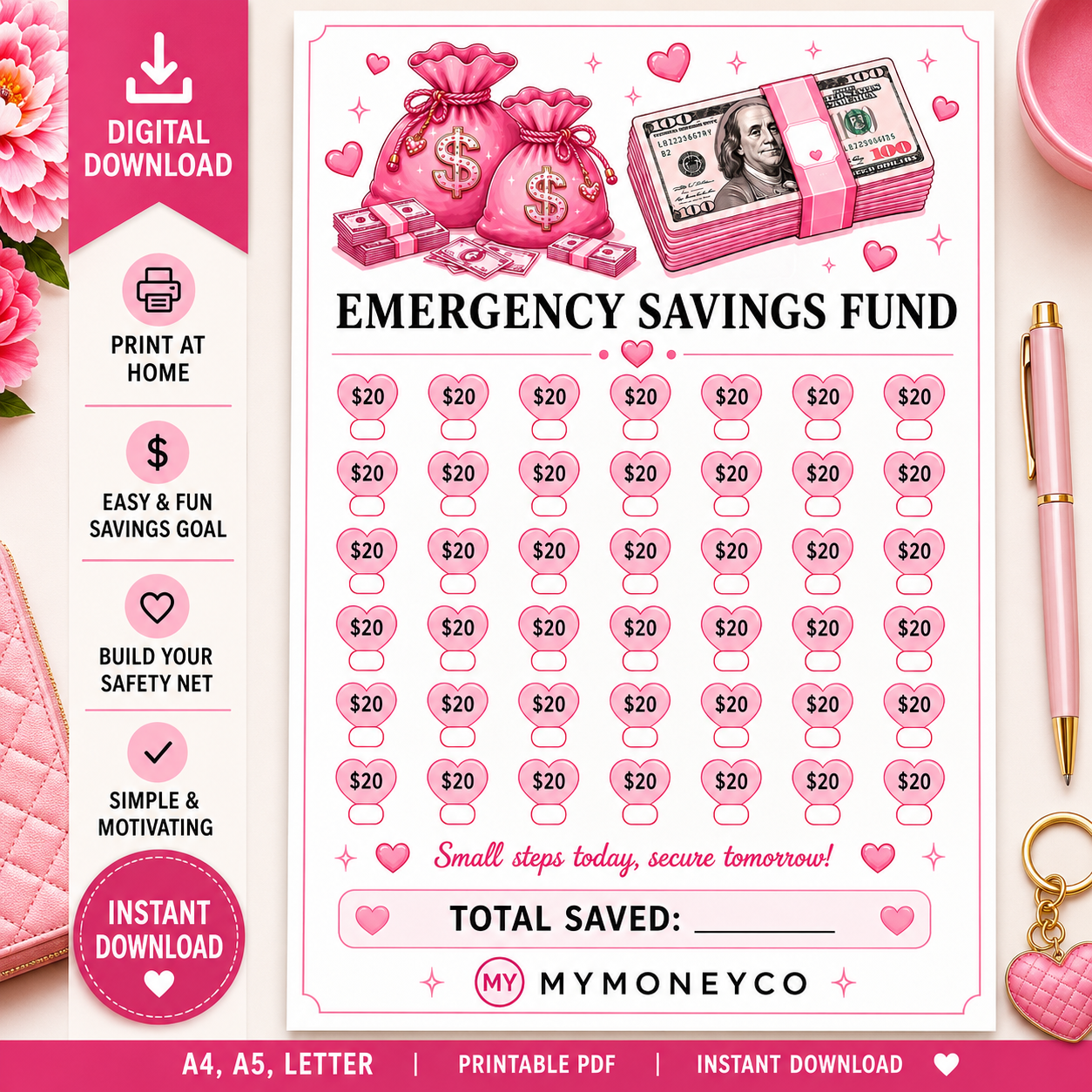 Pink Emergency Fund Savings Challenge