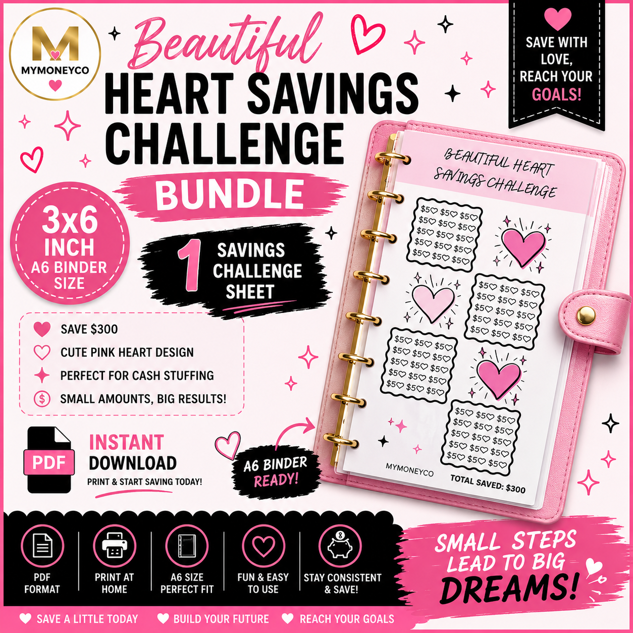 Beautiful Heart Savings Challenge | A6 Binder Insert | Save 300 Dollars Challenge | Printable PDF | Cash Stuffing Tracker