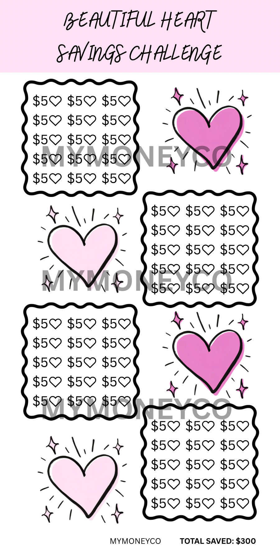 Beautiful Heart Savings Challenge | A6 Binder Insert | Save 300 Dollars Challenge | Printable PDF | Cash Stuffing Tracker