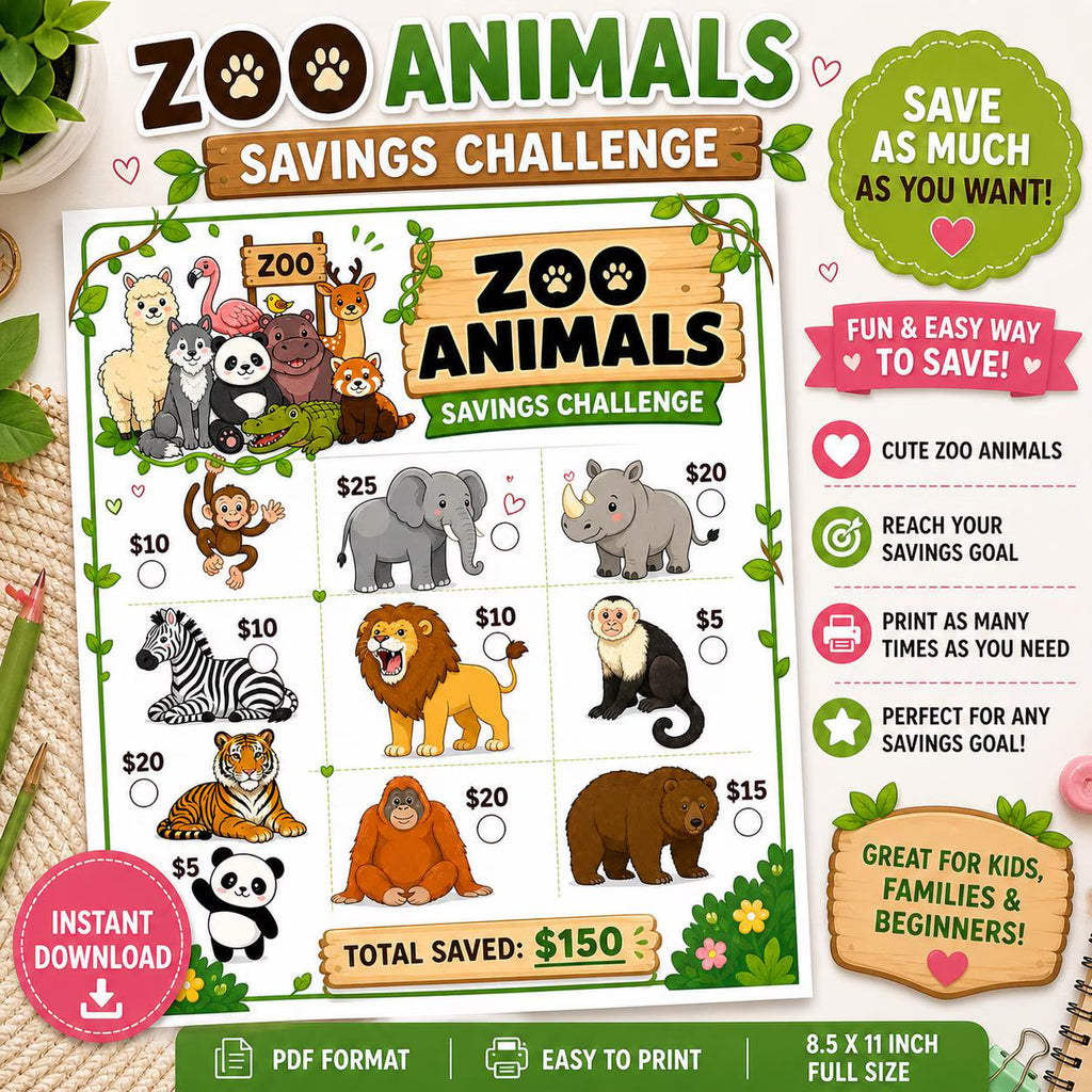 Zoo Animals Savings Challenge Printable | Fun Budget Tracker (PDF Download) Full Sheet