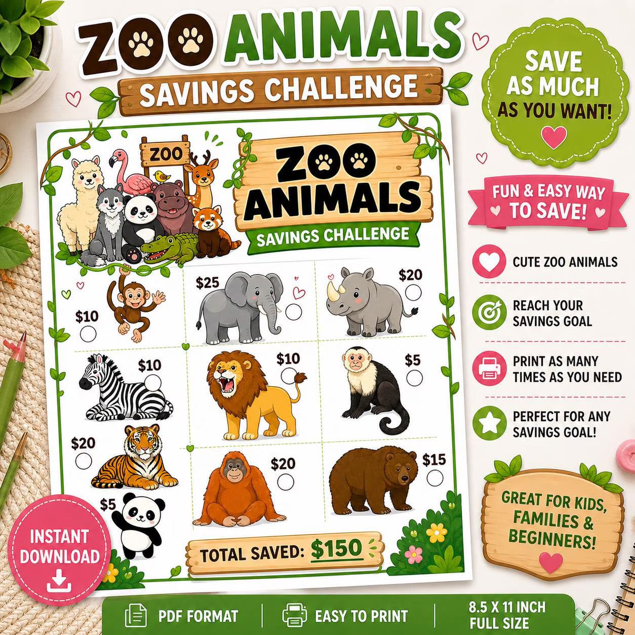 Zoo Animals Savings Challenge Printable | Fun Budget Tracker (PDF Download) Full Sheet