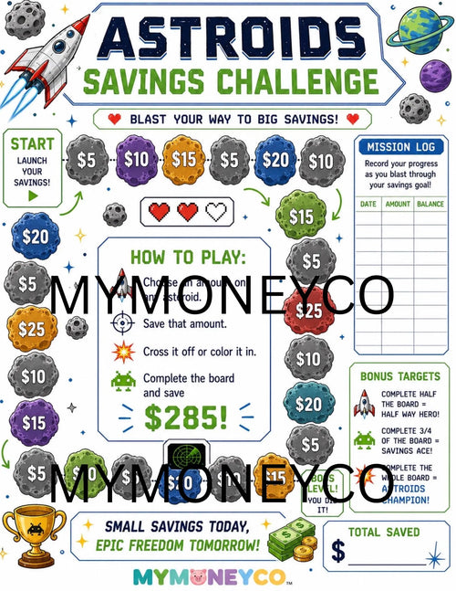 Astroids Savings Challenge Printable |  Budget Tracker (PDF Download) Full Sheet
