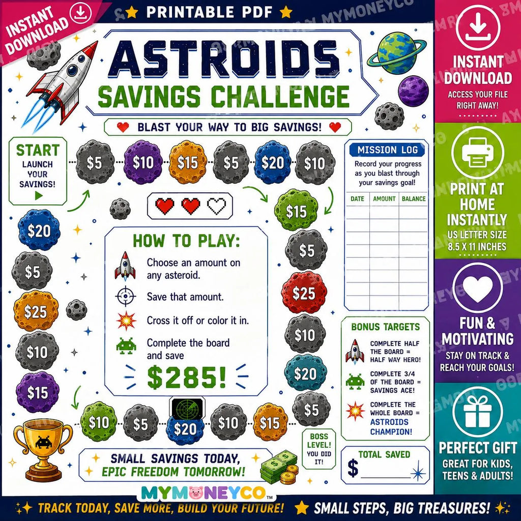 Astroids Savings Challenge Printable |  Budget Tracker (PDF Download) Full Sheet