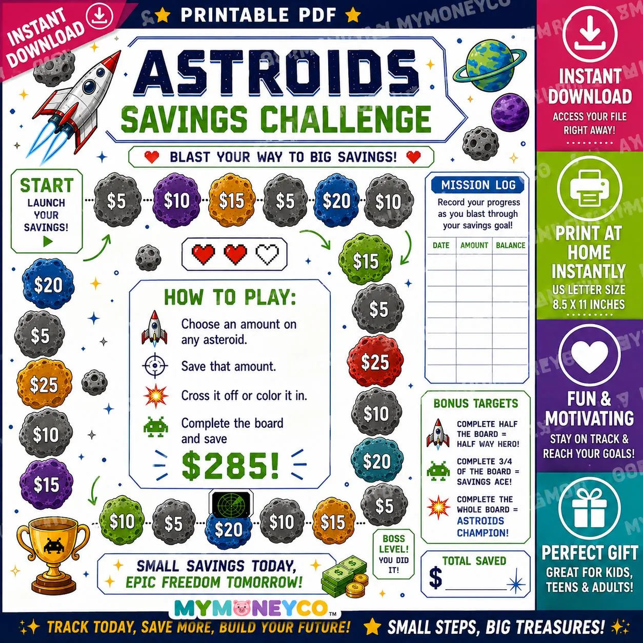 Astroids Savings Challenge Printable |  Budget Tracker (PDF Download) Full Sheet