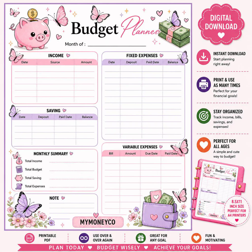 Butterfly Budget Planner Sheet | Cash Stuffing, Savings Tracker (PDF Download)