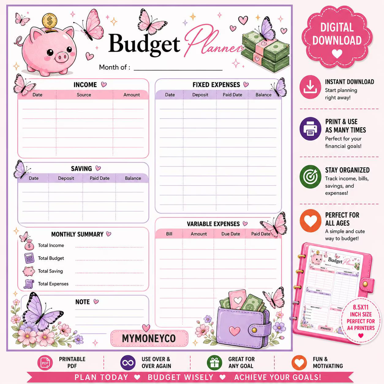 Butterfly Budget Planner Sheet | Cash Stuffing, Savings Tracker (PDF Download)