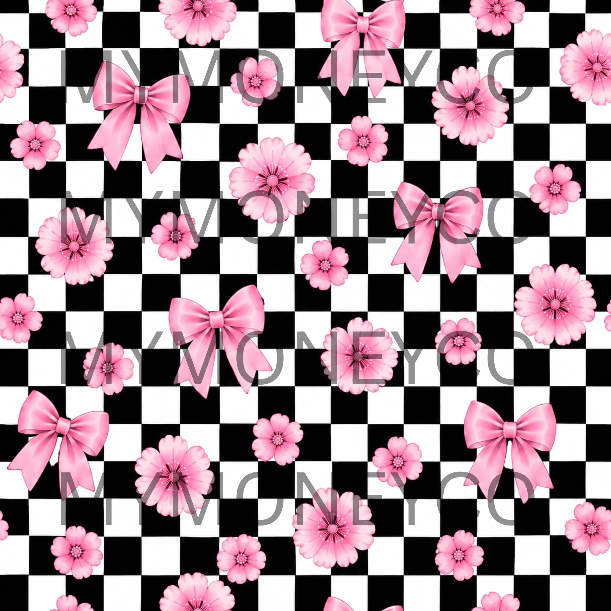 Pink Bow & Floral Checkered Seamless Pattern PNG and PDF | 12x12 Digital Paper | Cute Coquette Background | Instant Download