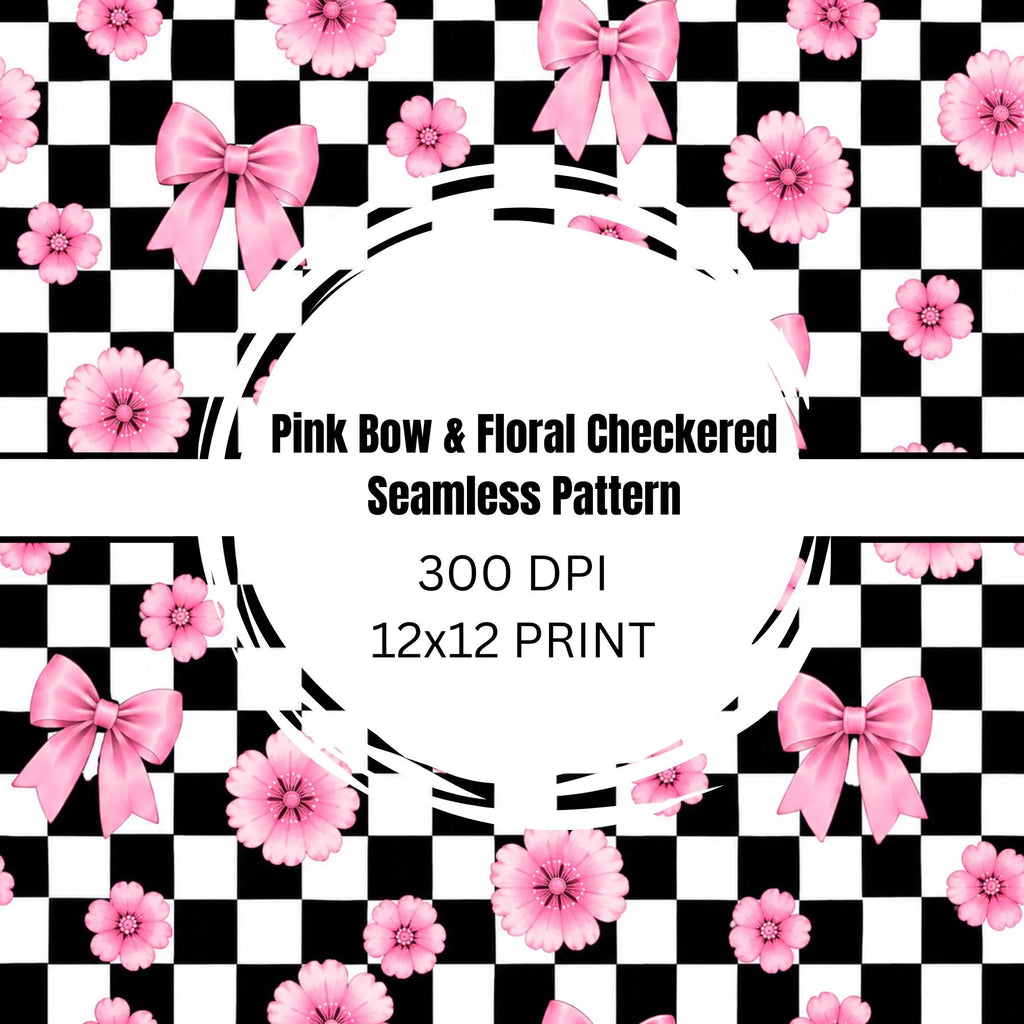 Pink Bow & Floral Checkered Seamless Pattern PNG and PDF | 12x12 Digital Paper | Cute Coquette Background | Instant Download