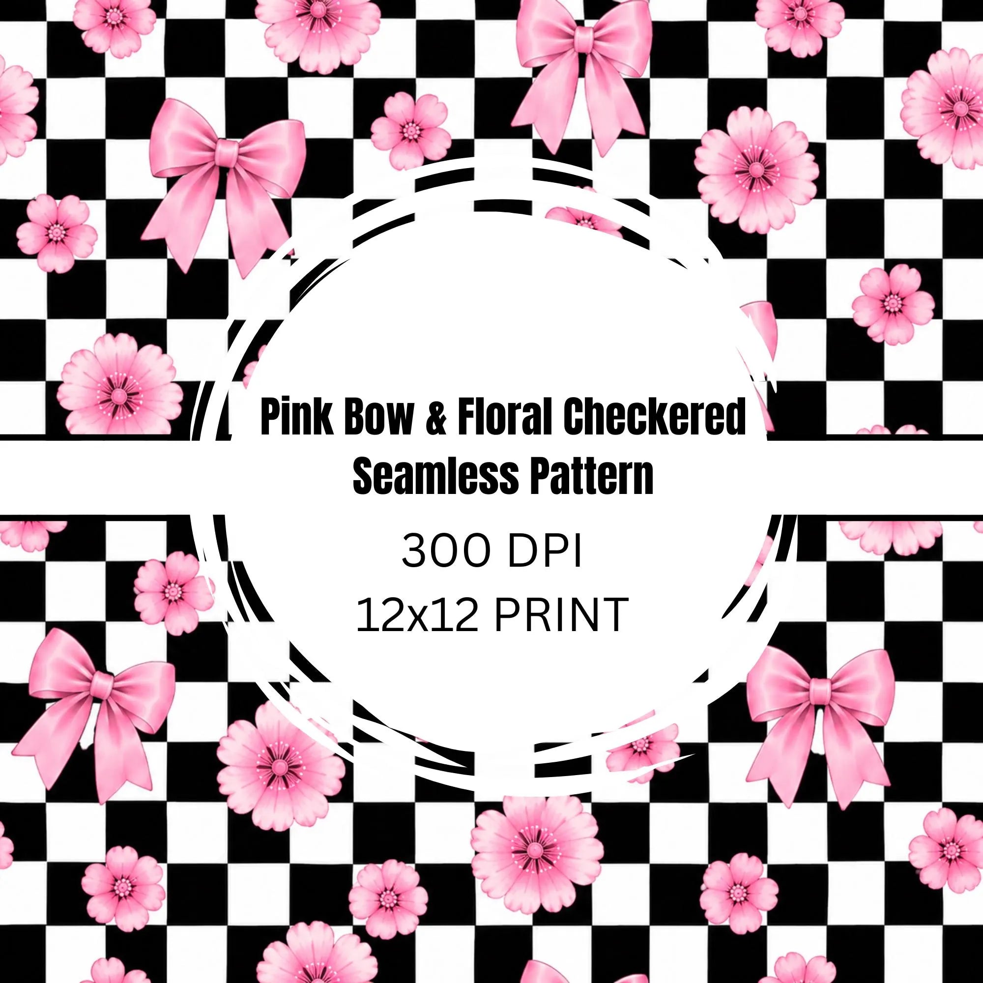 Pink Bow & Floral Checkered Seamless Pattern PNG and PDF | 12x12 Digital Paper | Cute Coquette Background | Instant Download