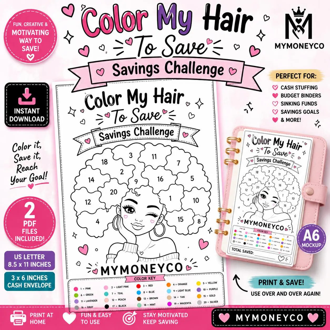 Color My Hair Savings Challenge Printable | Coloring Challenge | A6 and Full Sheet Cash Stuffing Tracker |  Instant Download PDF