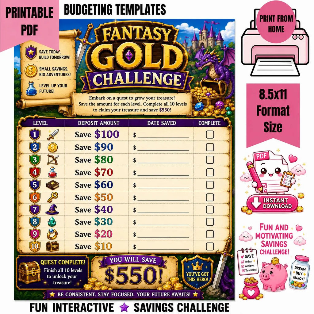 Fantasy Gold Savings Challenge Printable |  Budget Tracker (PDF Download) Full Sheet