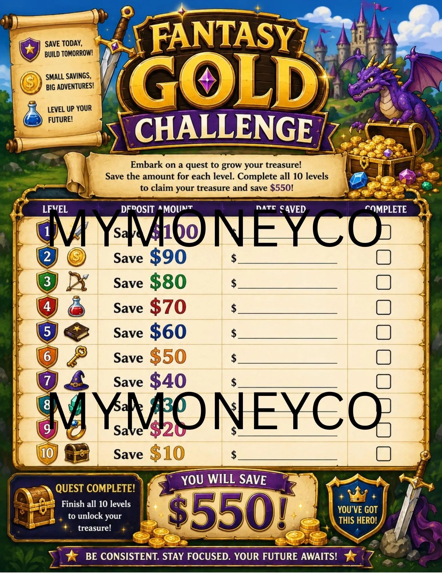 Fantasy Gold Savings Challenge Printable |  Budget Tracker (PDF Download) Full Sheet