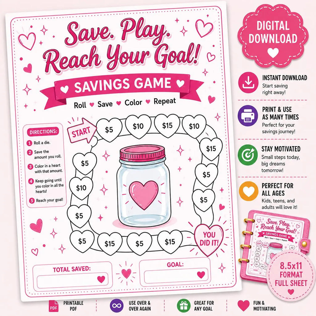 Save Play Hearts Savings Challenge Printable |  Budget Tracker (PDF Download) Full Sheet