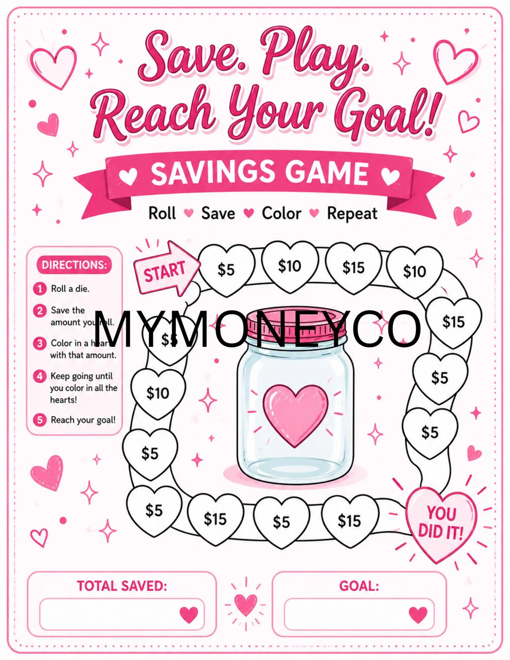 Save Play Hearts Savings Challenge Printable |  Budget Tracker (PDF Download) Full Sheet