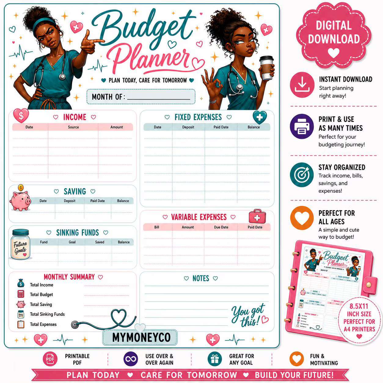 Nurse Girlie Budget Planner Sheet | Cash Stuffing, Savings Tracker (PDF Download)