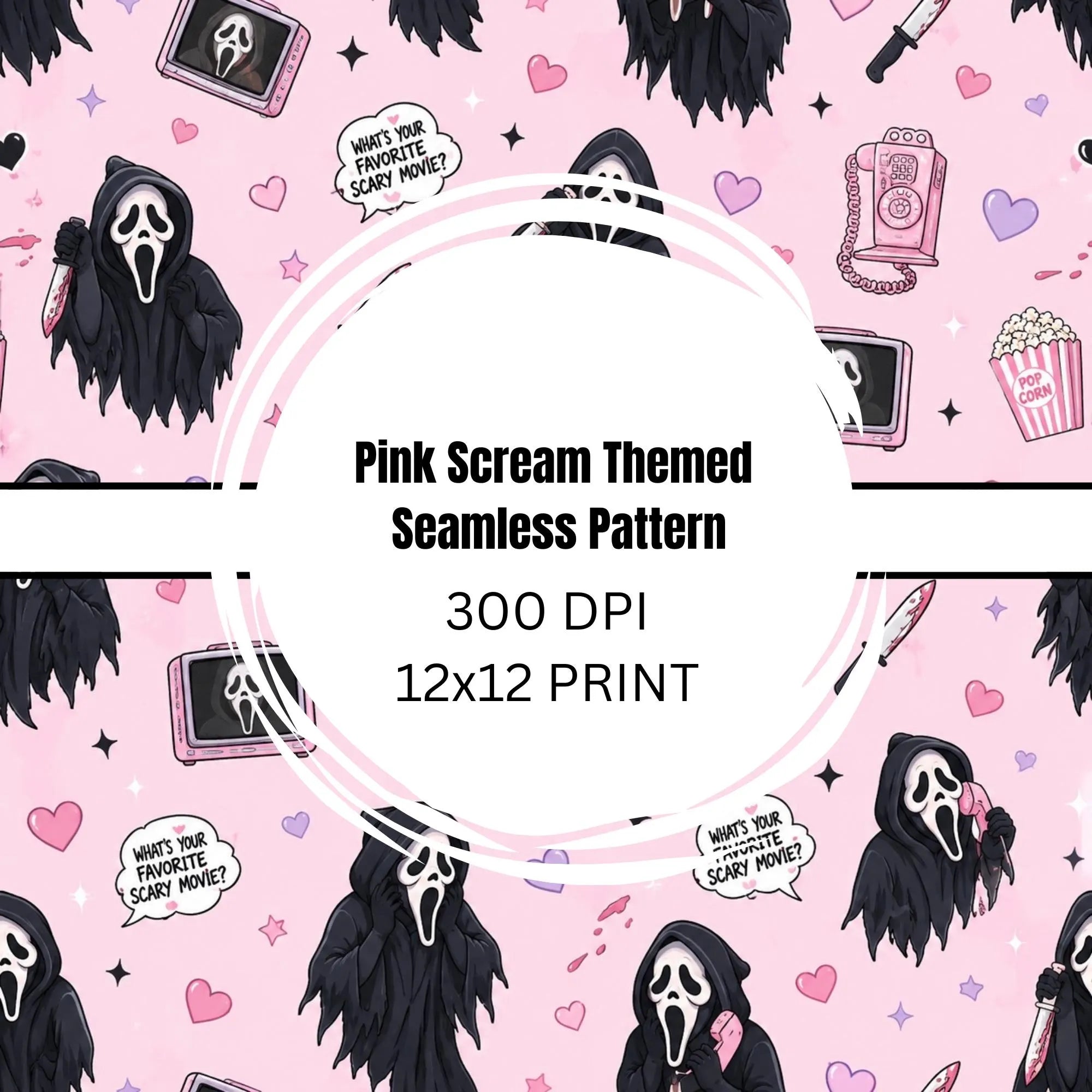 Pink Scream Seamless Pattern PNG and PDF | 12x12 Digital Paper | Cute Scary Background | Instant Download