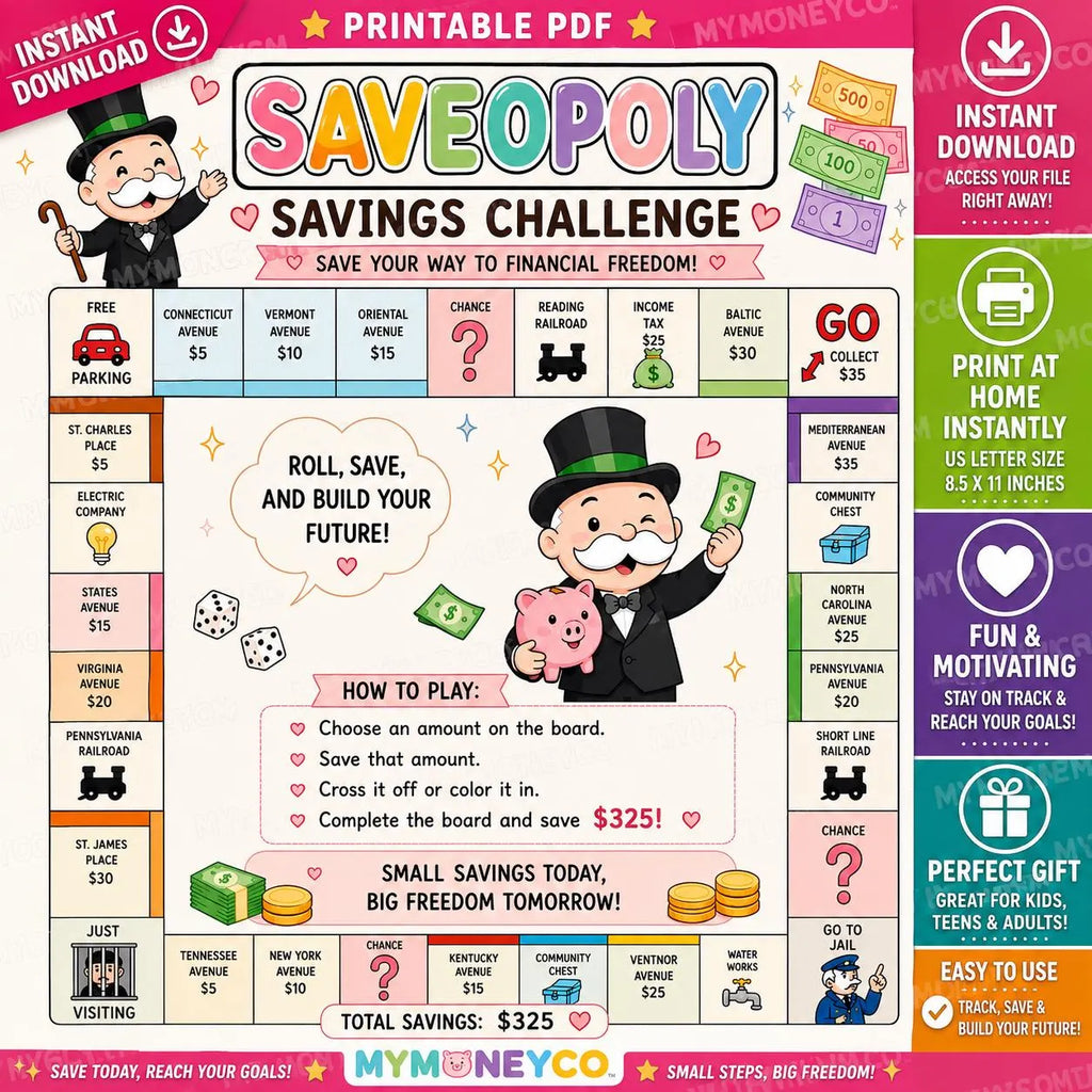 Saveopoly Savings Challenge Printable |  Budget Tracker (PDF Download) Full Sheet