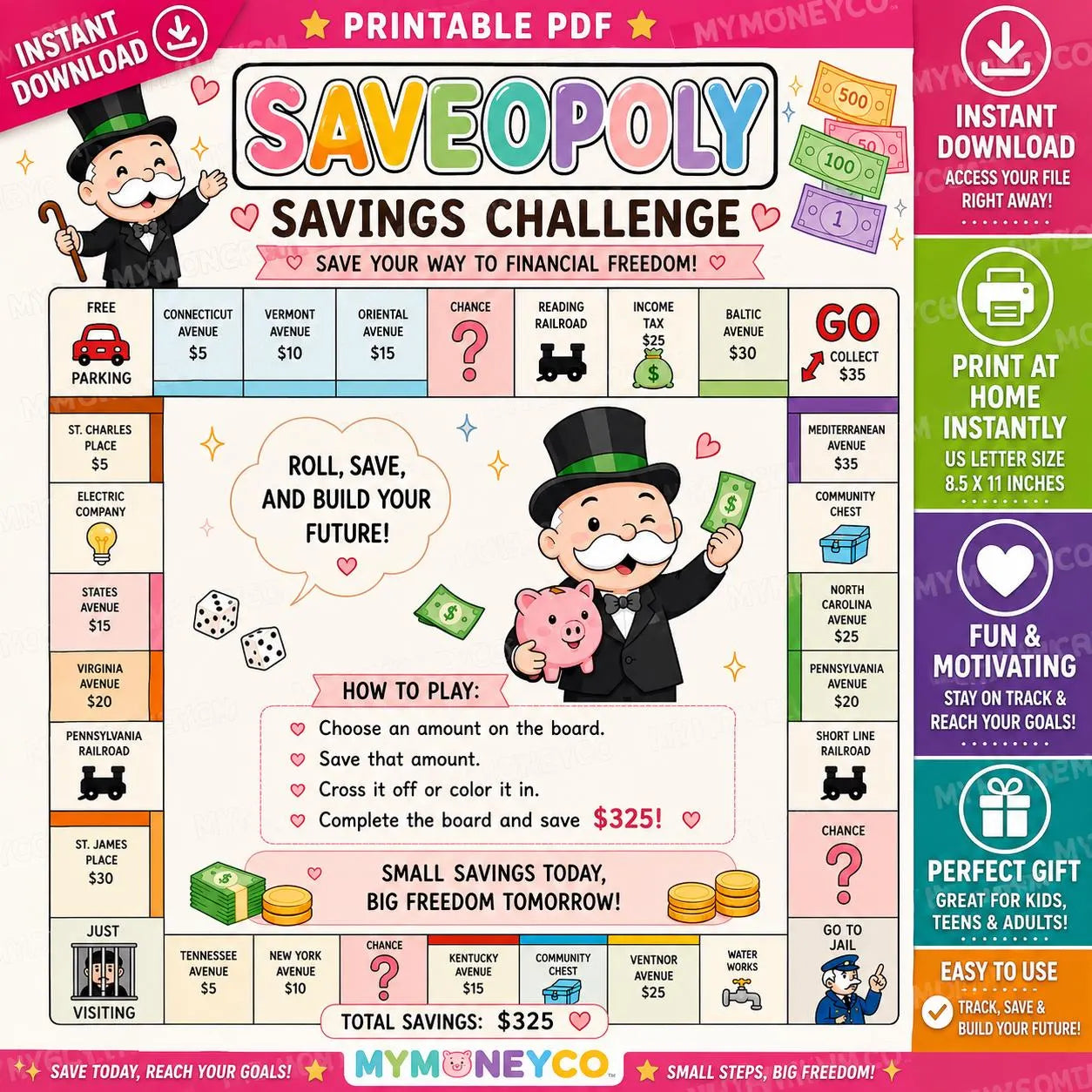Saveopoly Savings Challenge Printable |  Budget Tracker (PDF Download) Full Sheet