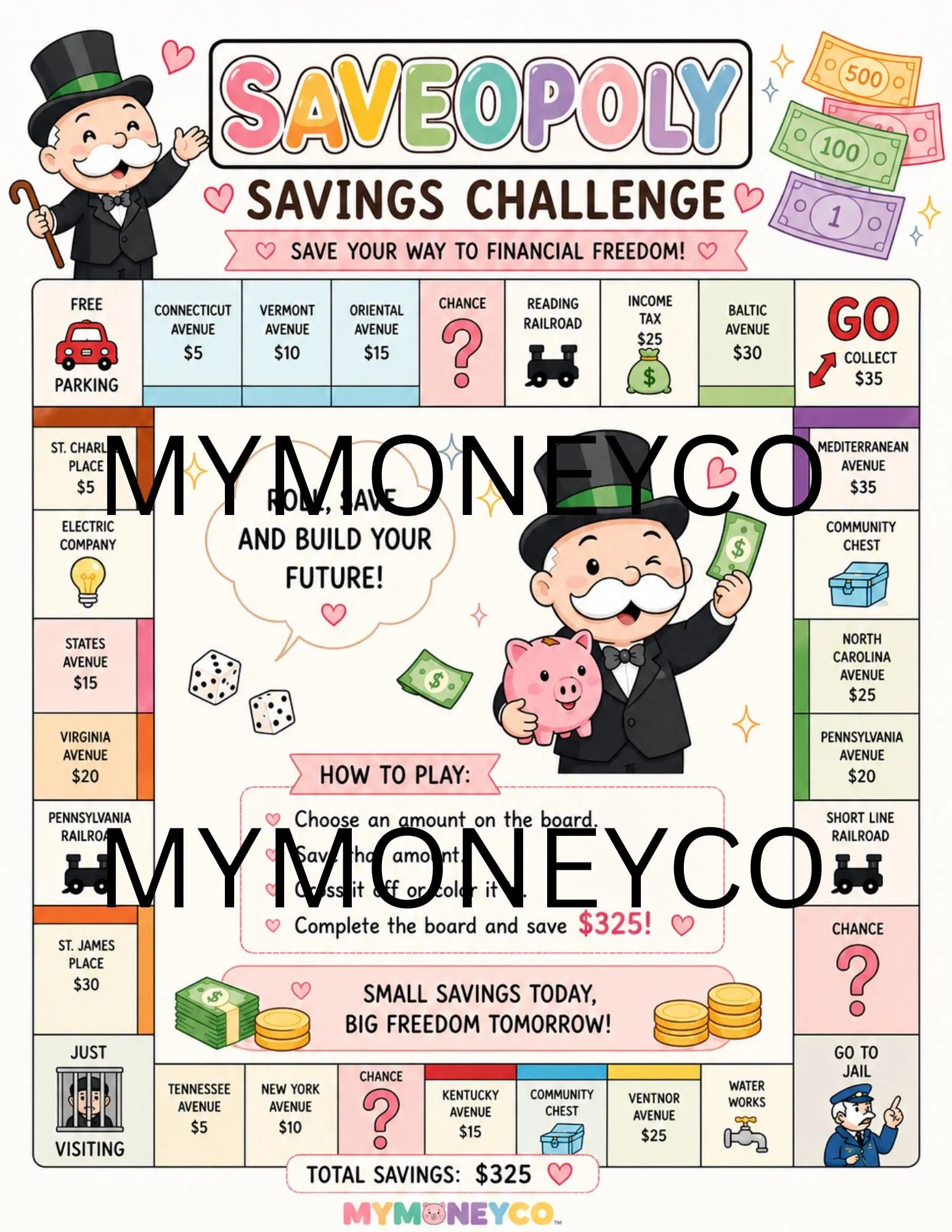 Saveopoly Savings Challenge Printable |  Budget Tracker (PDF Download) Full Sheet