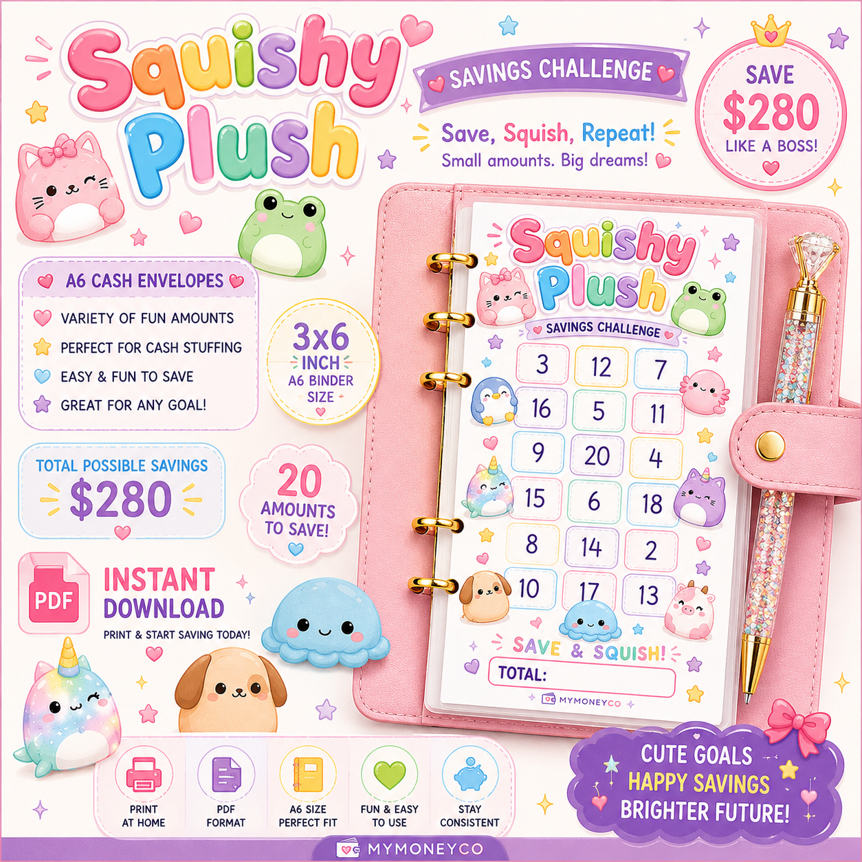 Squishy Savings Challenge PDF Digital Download A6 Format