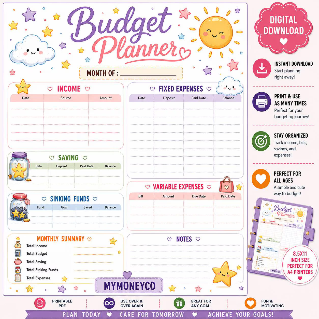 Sunshine Budget Planner Sheet | Cash Stuffing Tracker (PDF Download)
