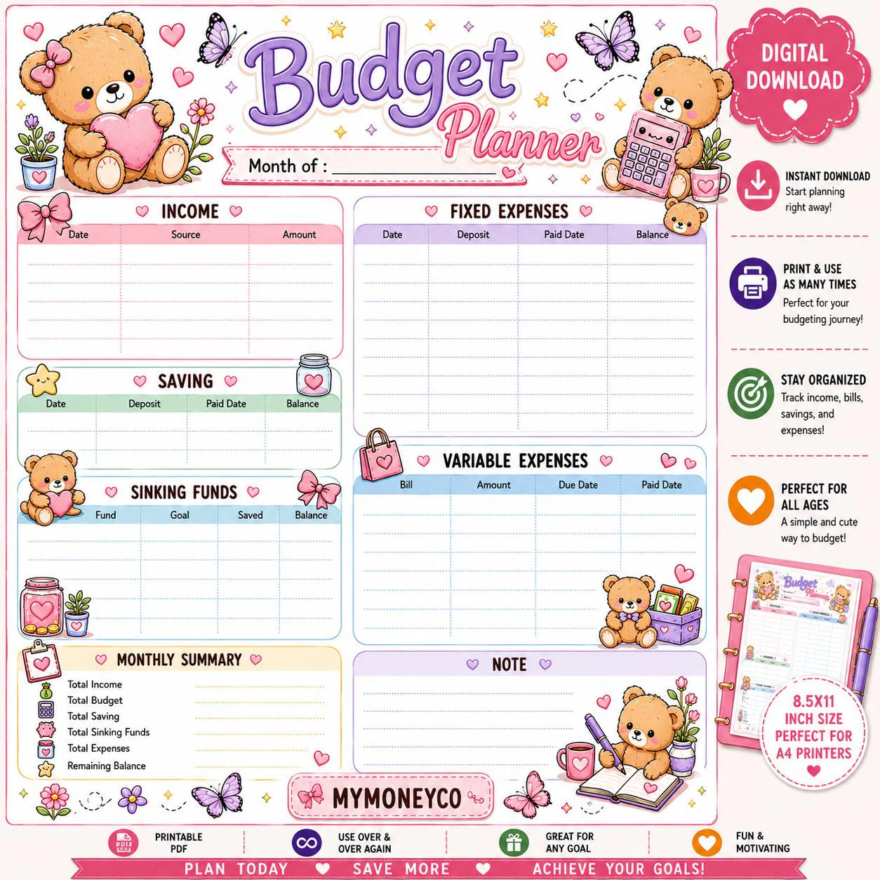 Teddy Bear Hearts Budget Planner Sheet | Cash Stuffing Tracker (PDF Download)