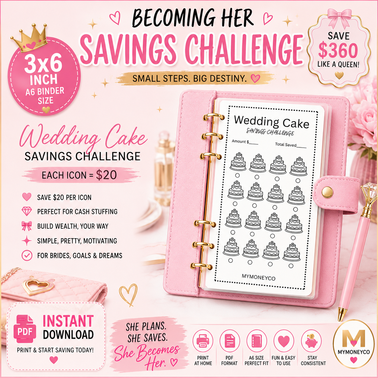 Wedding Cake Savings Challenge PDF Digital Download A6 Format