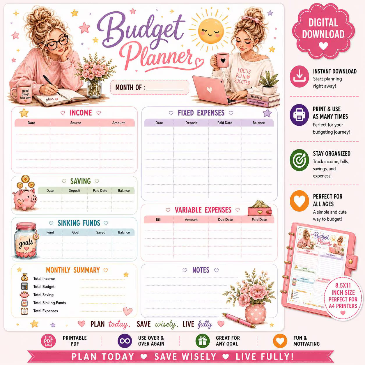 Girls Budget Planner Sheet | Cash Stuffing Tracker (PDF Download)